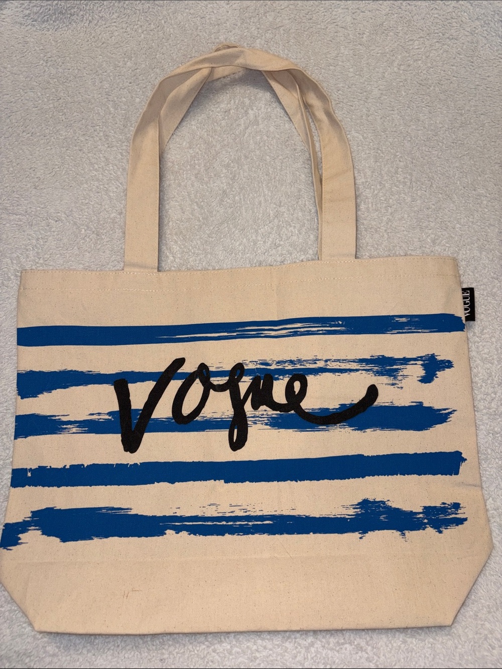 Vogue Canvas Tote in Natural and Blue with Black Logo